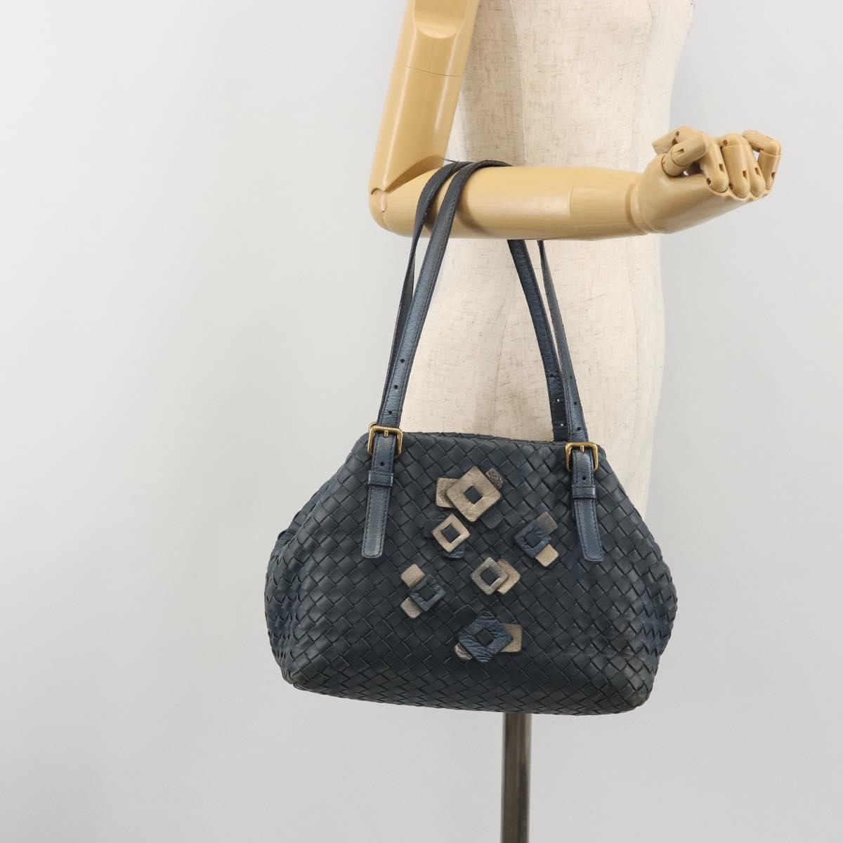 BOTTEGA VENETA INTRECCIATO Hand Bag Leather Blue Gold Auth ep15585
