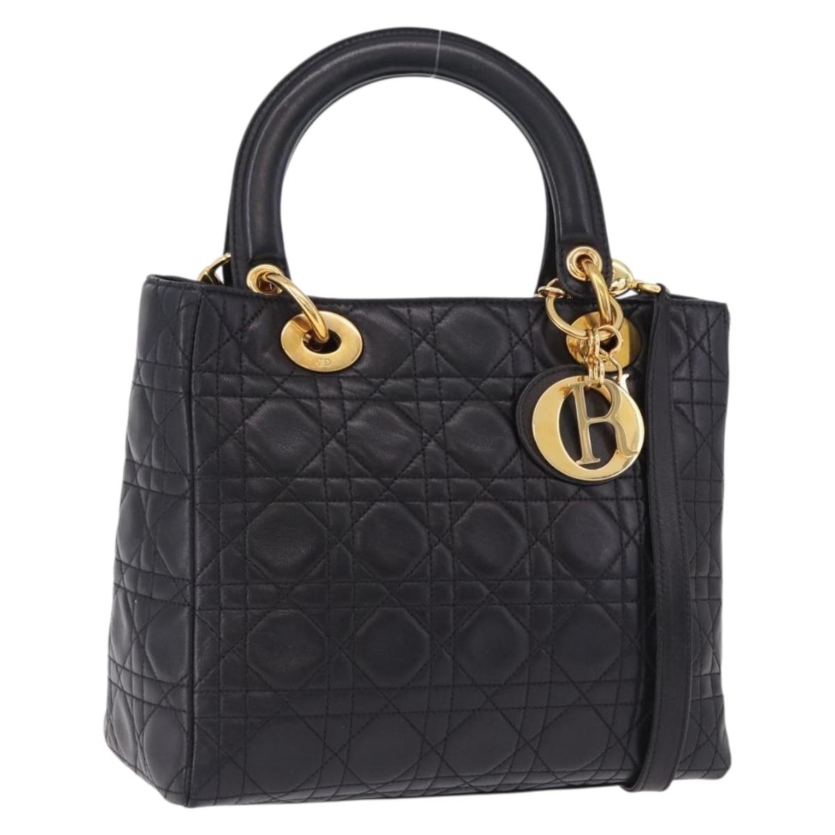Christian Dior Lady Dior Canage Hand Bag Leather 2way Black Gold Auth ep15594V