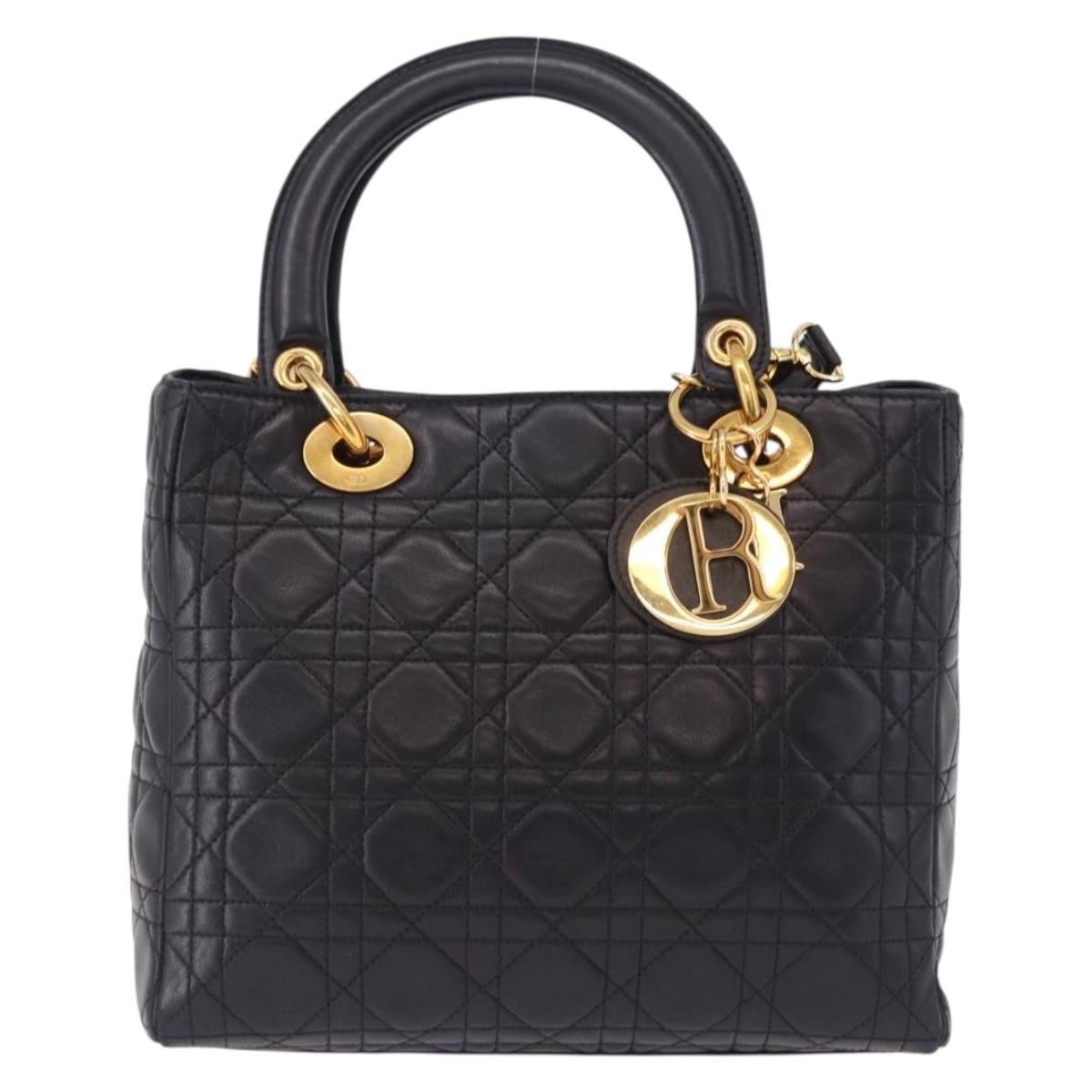 Christian Dior Lady Dior Canage Hand Bag Leather 2way Black Gold Auth ep15594V
