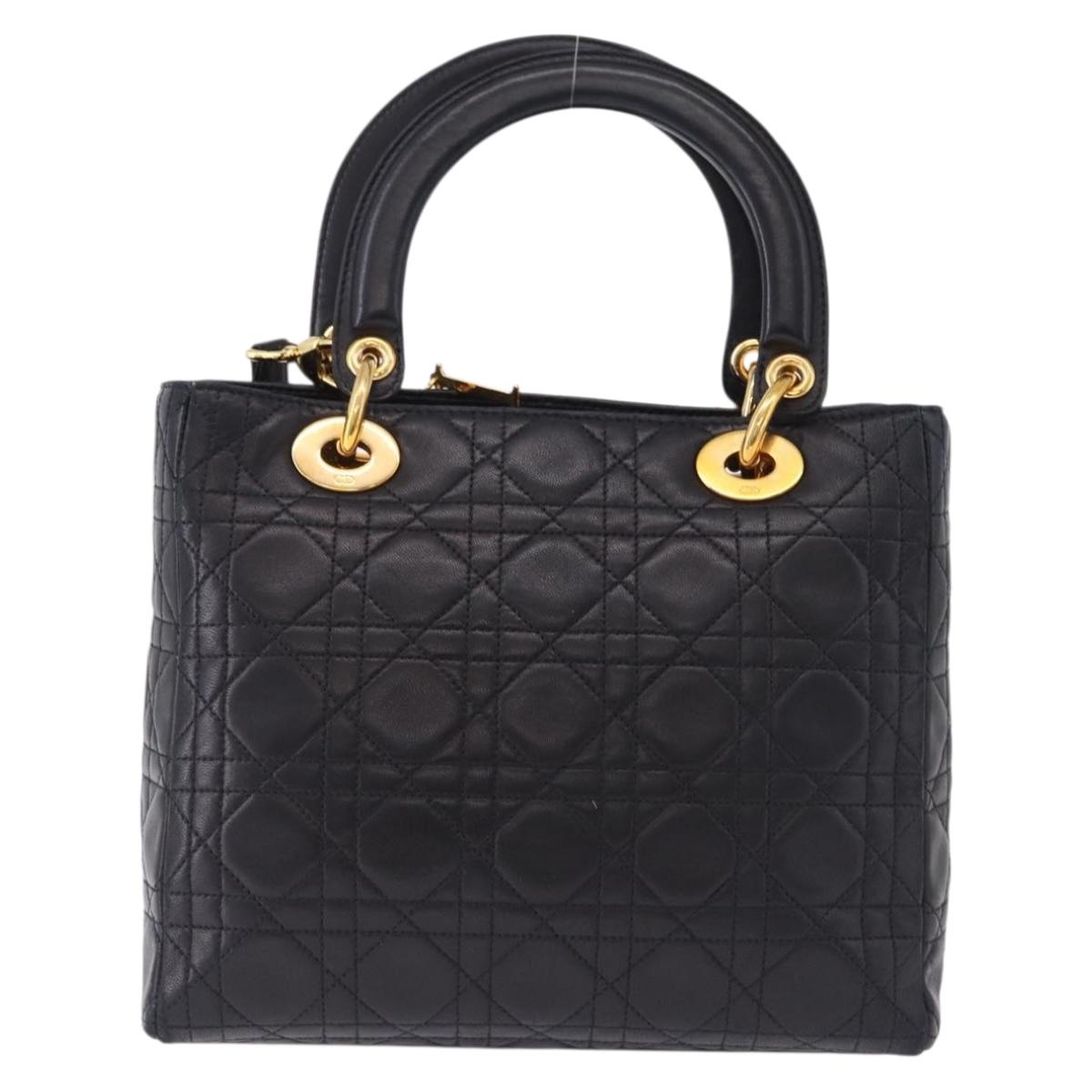 Christian Dior Lady Dior Canage Hand Bag Leather 2way Black Gold Auth ep15594V