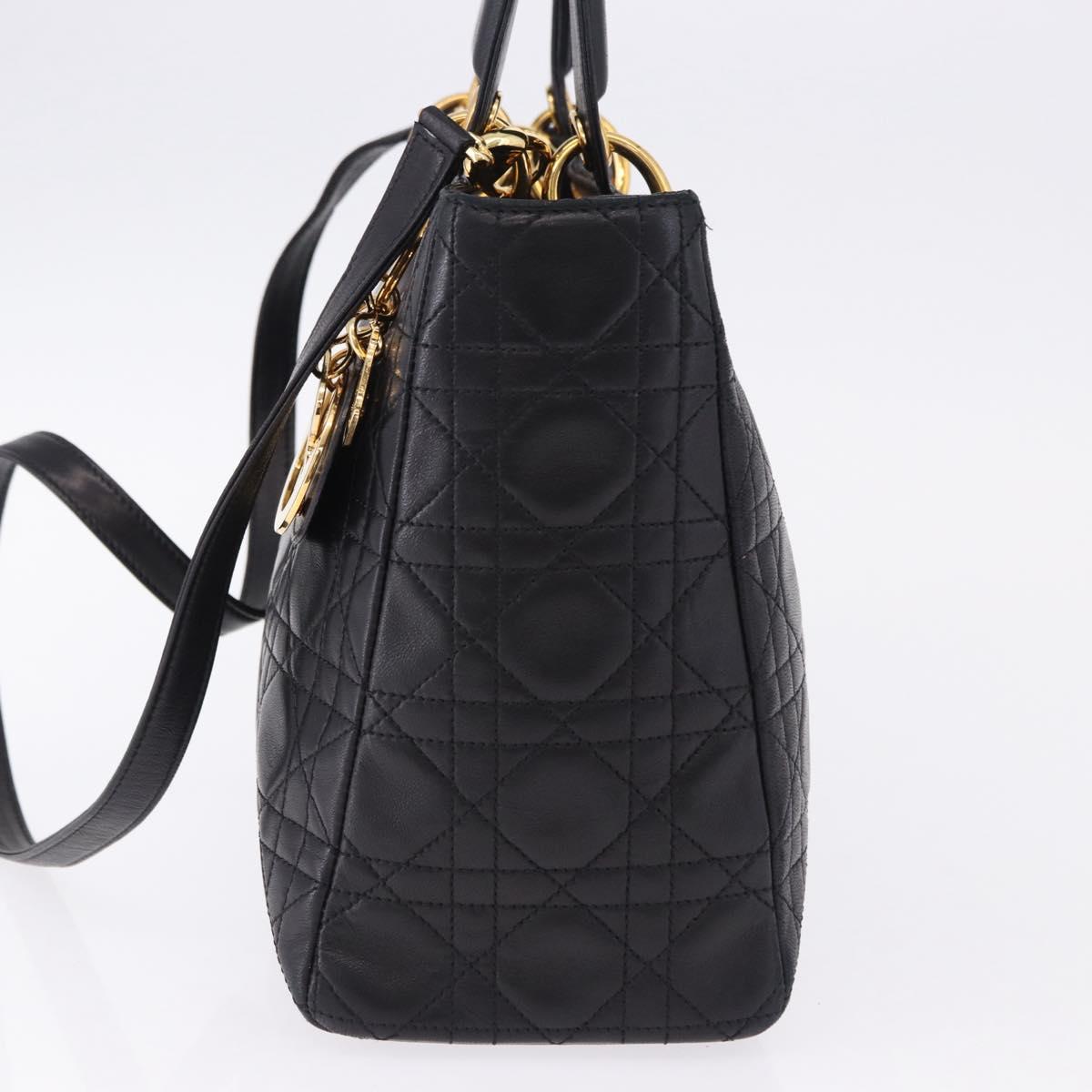 Christian Dior Lady Dior Canage Hand Bag Leather 2way Black Gold Auth ep15594V