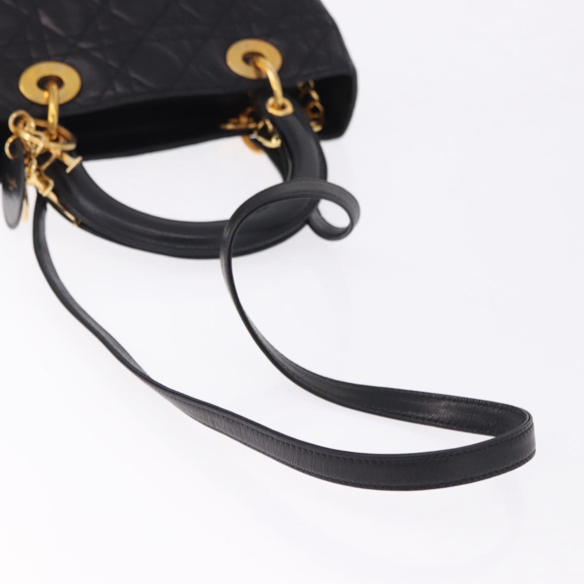 Christian Dior Lady Dior Canage Hand Bag Leather 2way Black Gold Auth ep15594V
