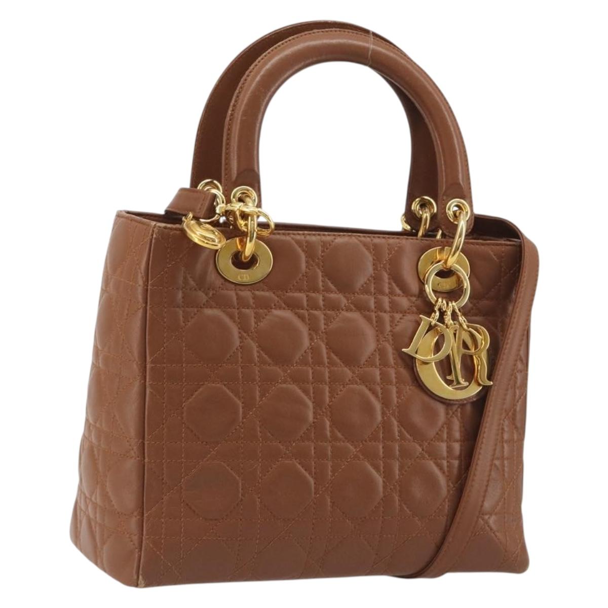 Christian Dior Lady Dior Canage Hand Bag Lamb Skin 2way Brown Gold Auth ep15615V