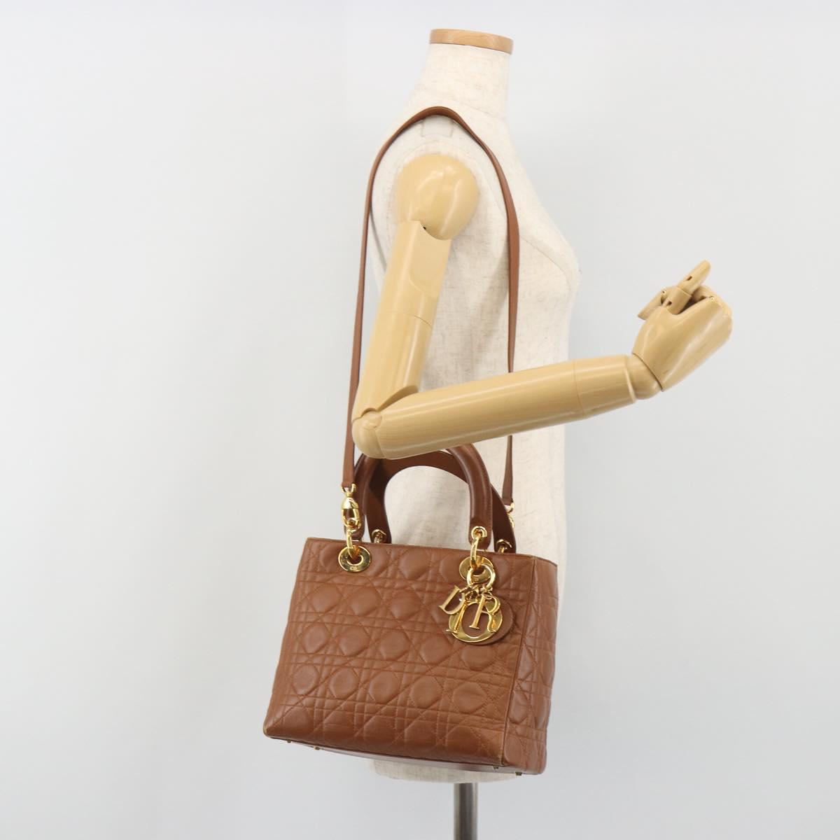 Christian Dior Lady Dior Canage Hand Bag Lamb Skin 2way Brown Gold Auth ep15615V