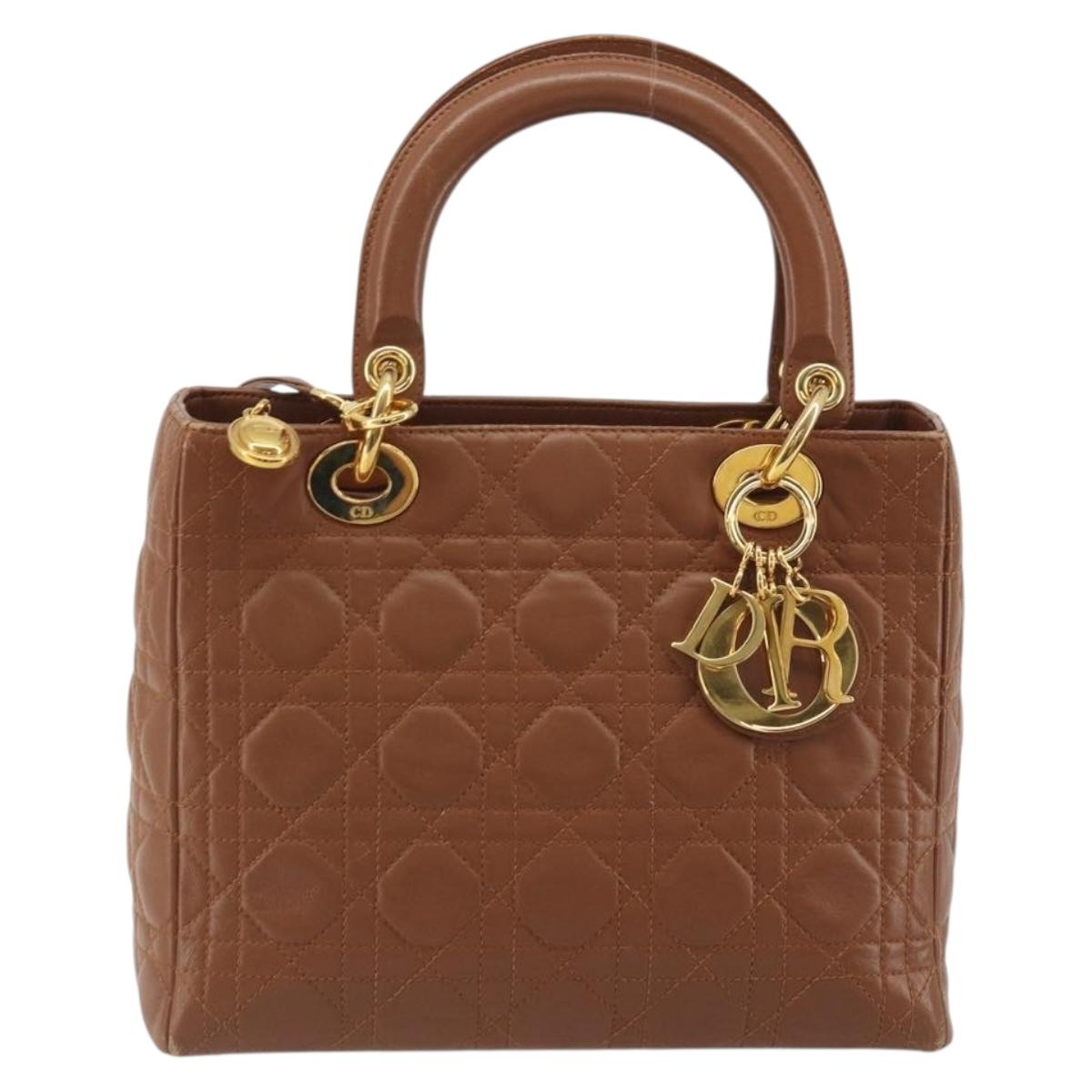 Christian Dior Lady Dior Canage Hand Bag Lamb Skin 2way Brown Gold Auth ep15615V