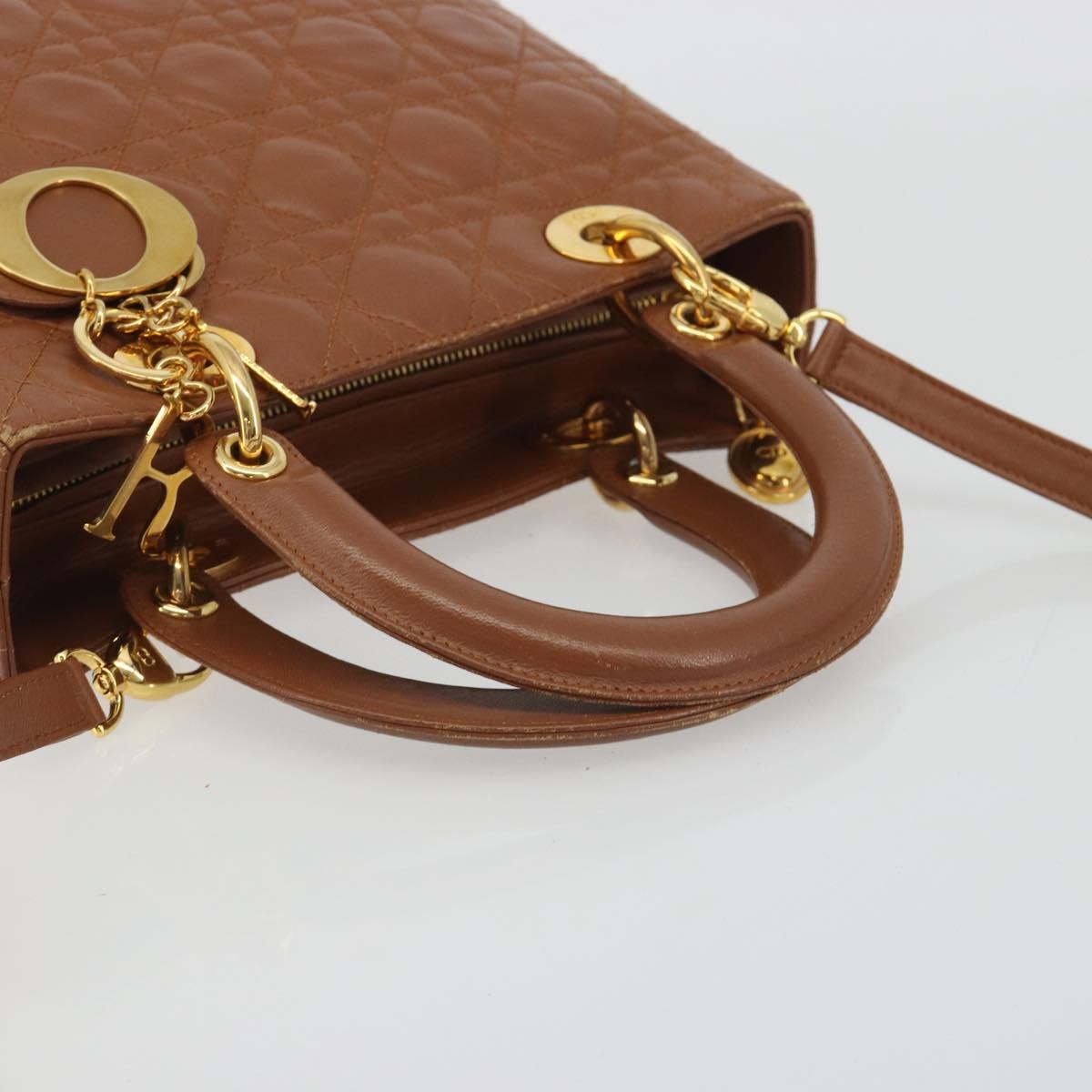 Christian Dior Lady Dior Canage Hand Bag Lamb Skin 2way Brown Gold Auth ep15615V