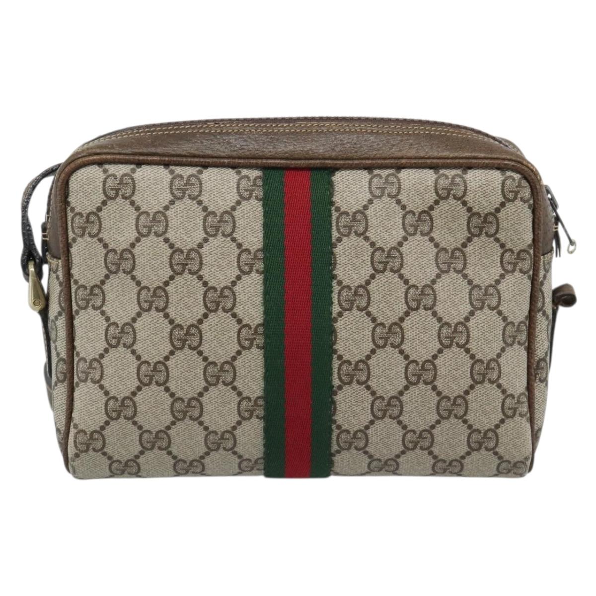 GUCCI GG Supreme Web Sherry Line Shoulder Bag PVC Beige Gold Auth ep15625