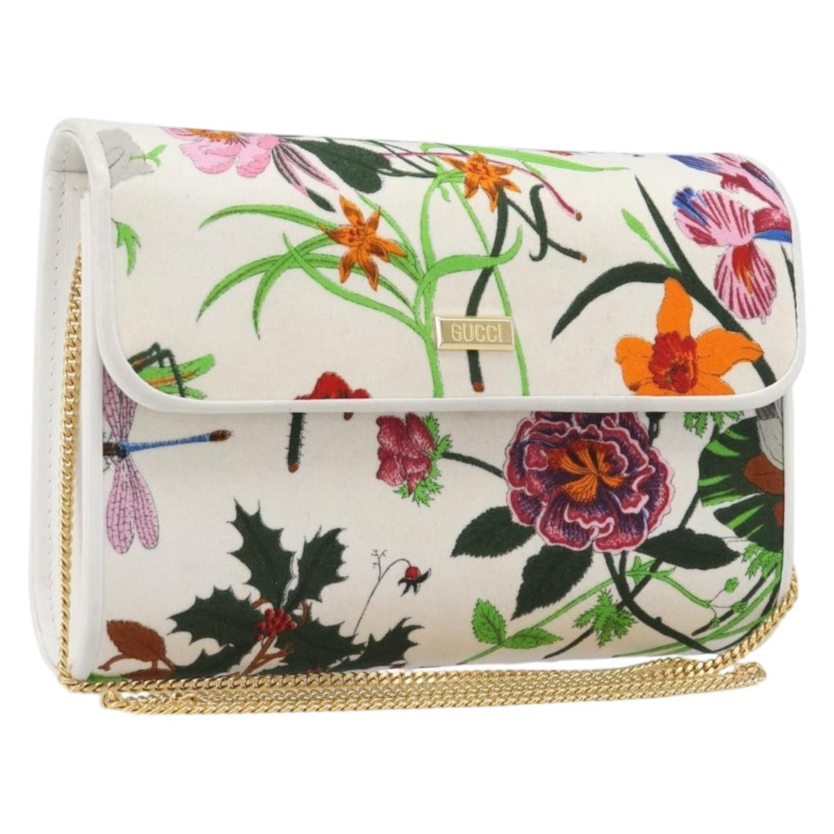 GUCCI Flower Chain Shoulder Bag Canvas Multicolor Auth ep15665A