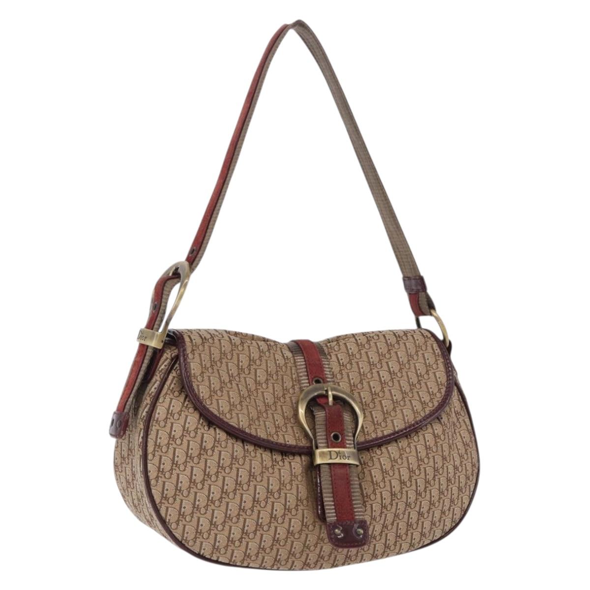 Christian Dior Trotter Canvas Shoulder Bag Beige Gold Tone Auth ep15668A