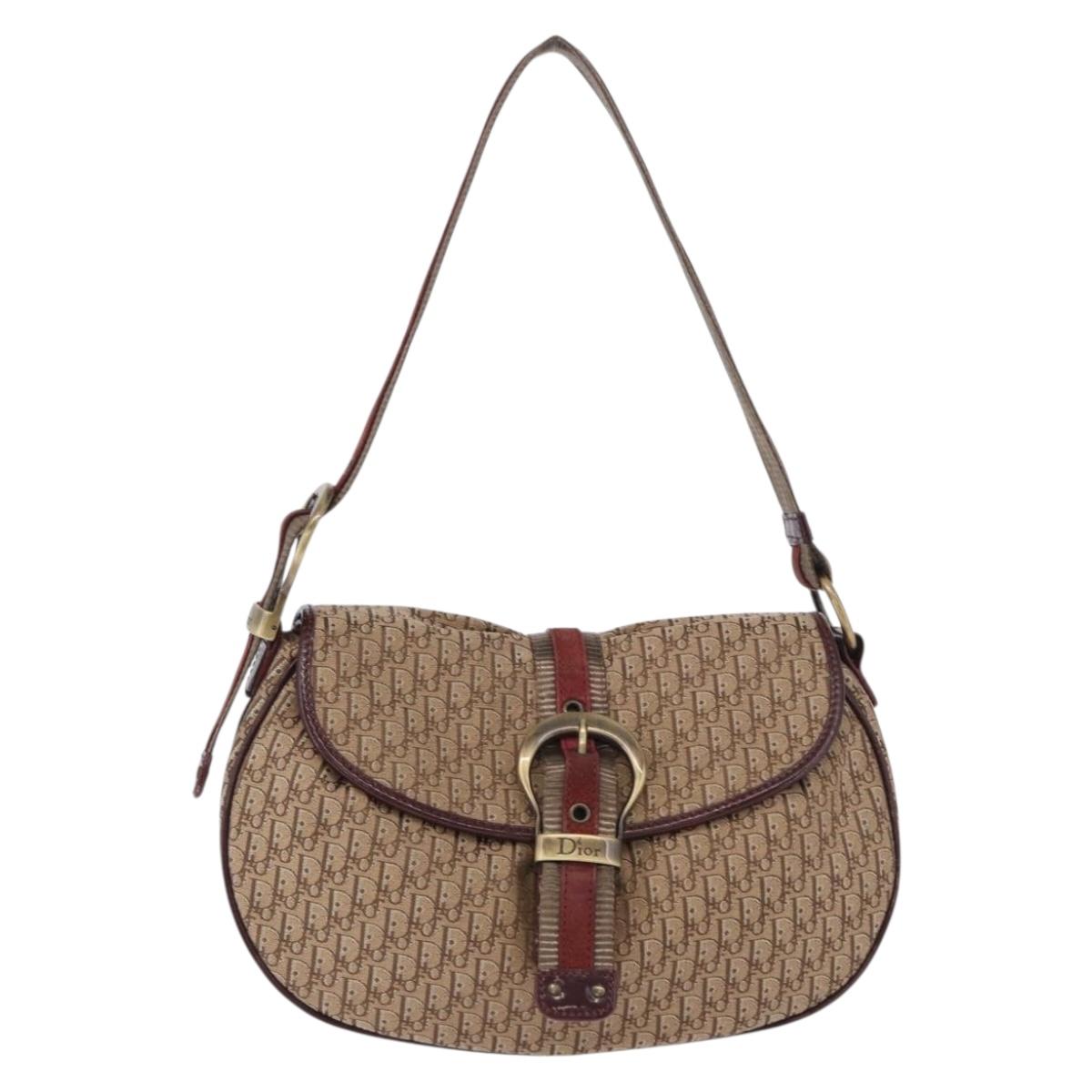 Christian Dior Trotter Canvas Shoulder Bag Beige Gold Tone Auth ep15668A