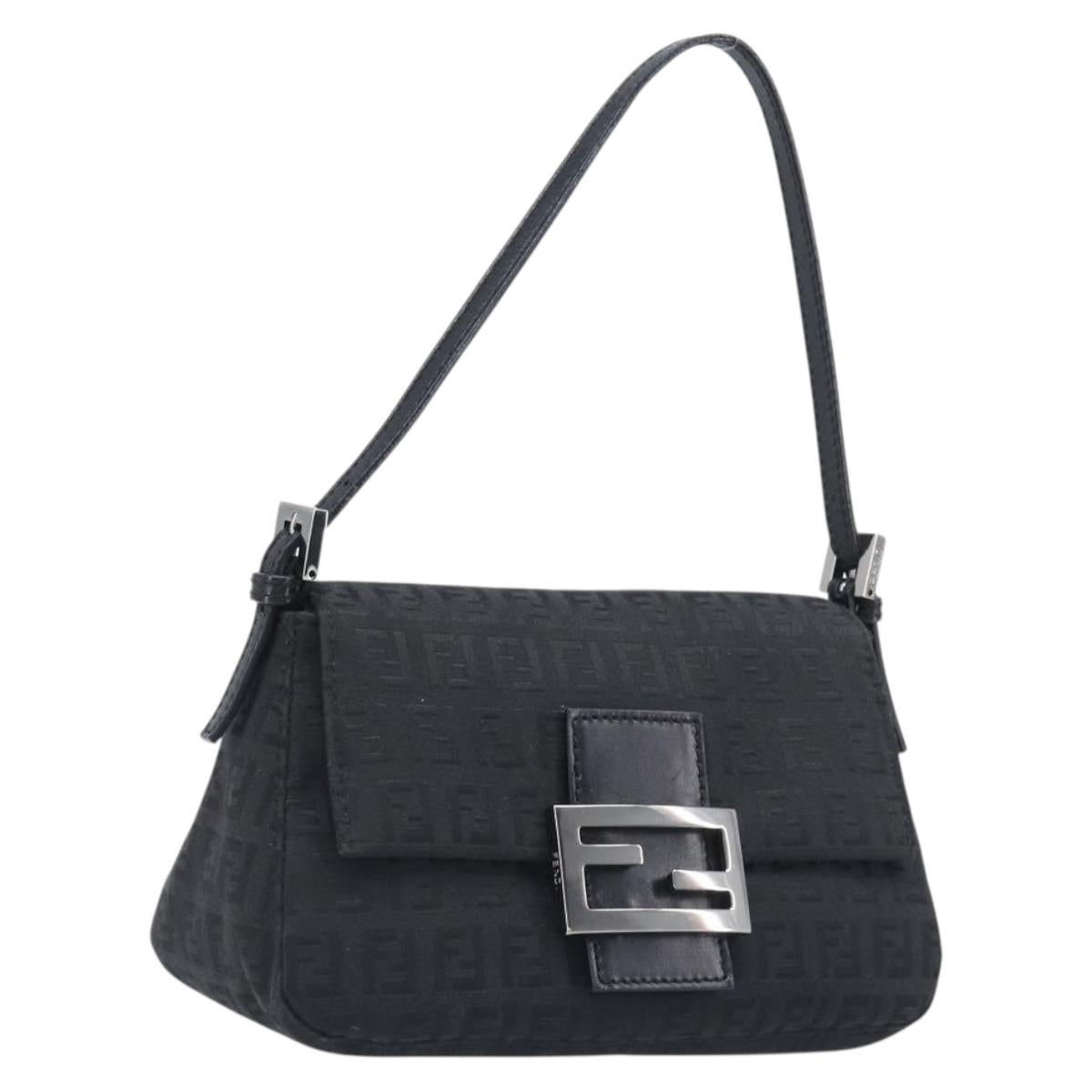 FENDI Zucchino Canvas Mamma Baguette Shoulder Bag Black 8BR180 Auth ep15673V