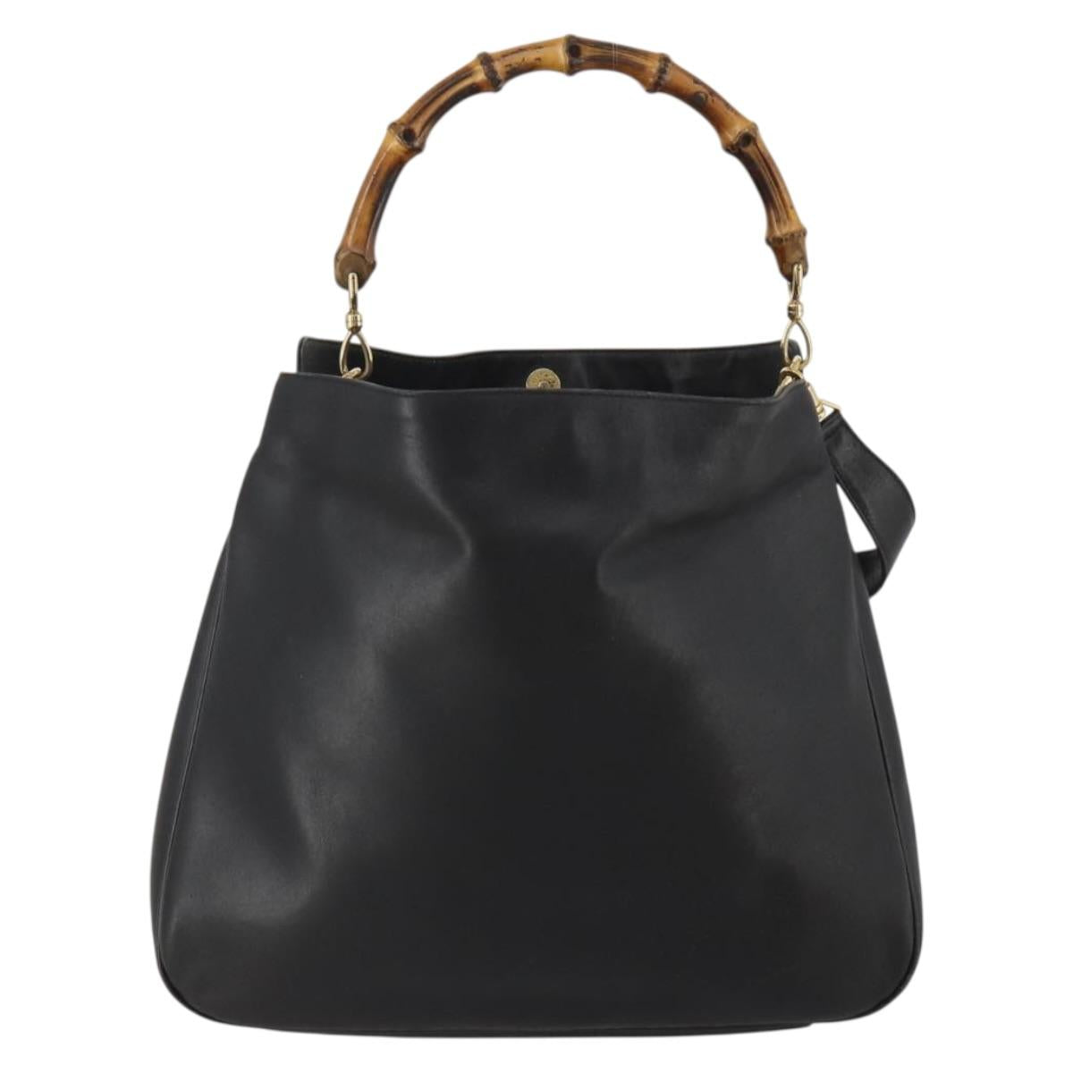 GUCCI Bamboo Hand Bag Leather Black Gold Tone Auth ep15679
