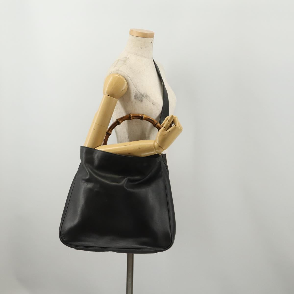GUCCI Bamboo Hand Bag Leather Black Gold Tone Auth ep15679