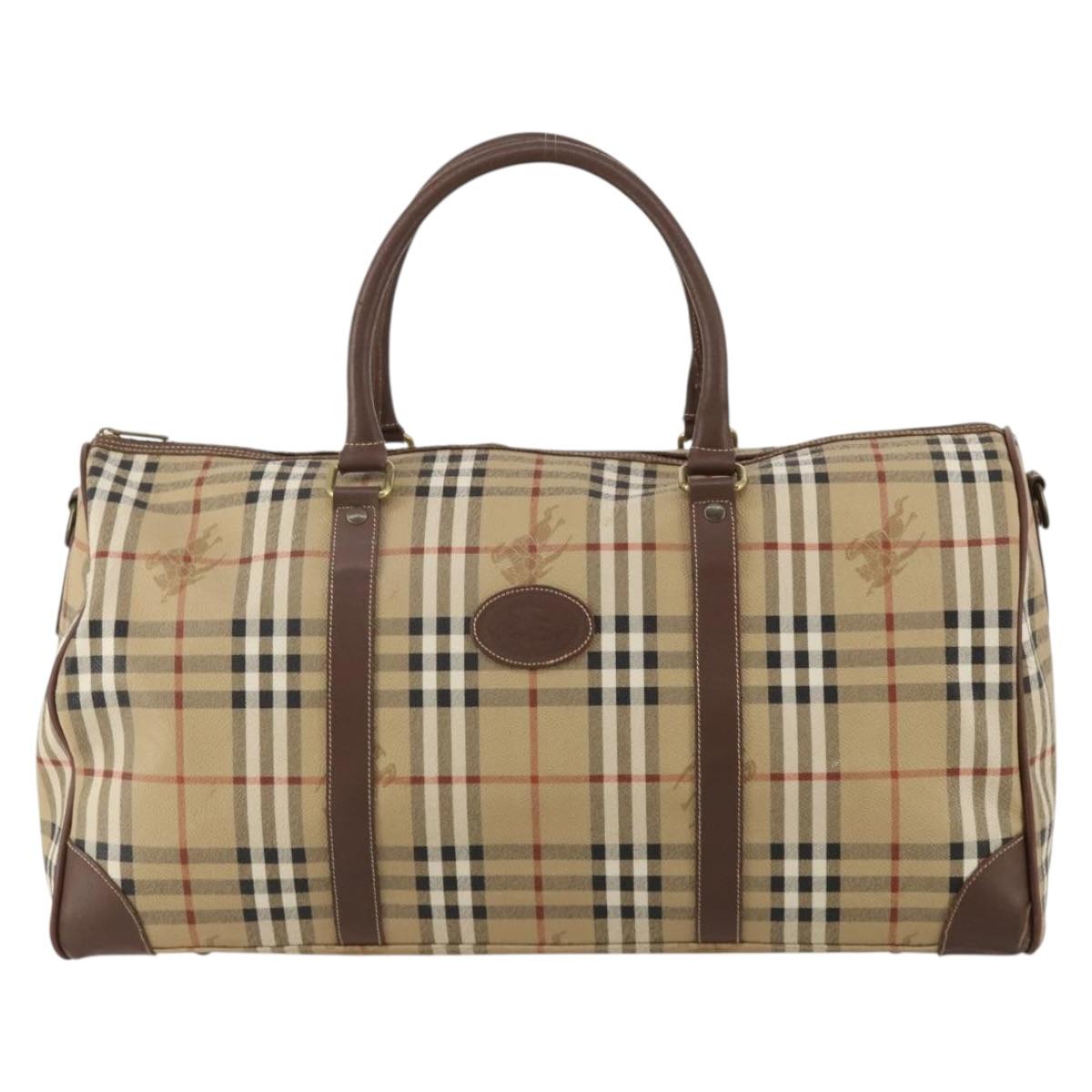 Burberrys Nova Check Boston Bag PVC Leather Beige Gold Tone Auth ep15687