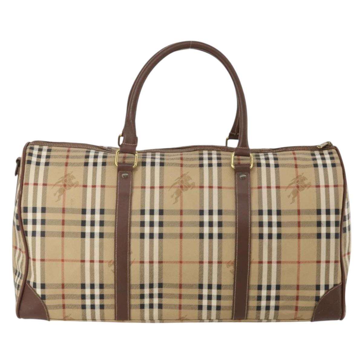 Burberrys Nova Check Boston Bag PVC Leather Beige Gold Tone Auth ep15687