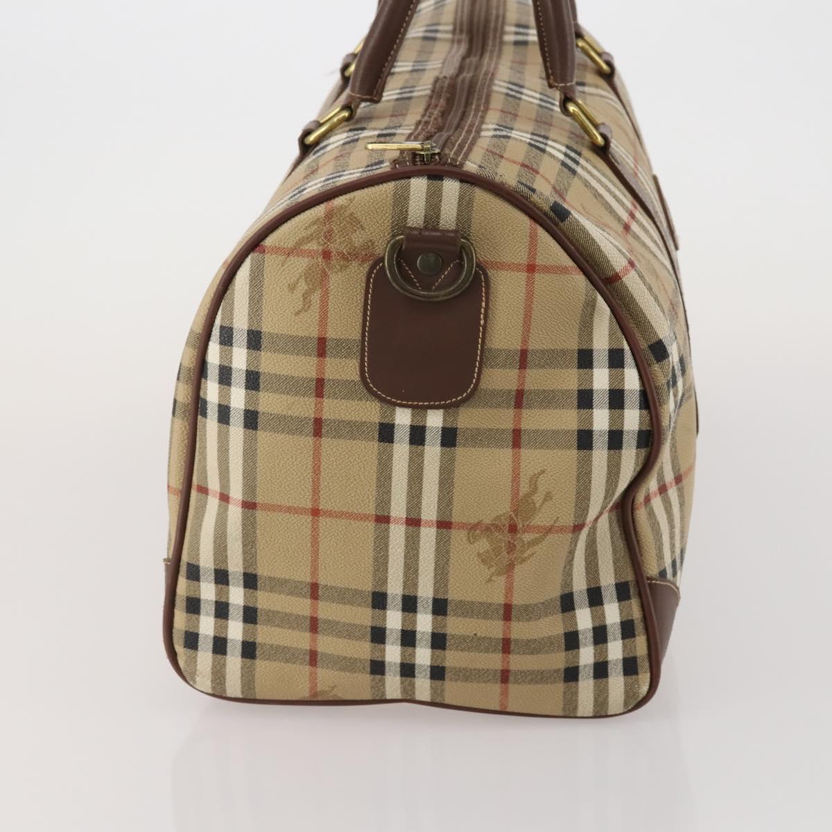 Burberrys Nova Check Boston Bag PVC Leather Beige Gold Tone Auth ep15687