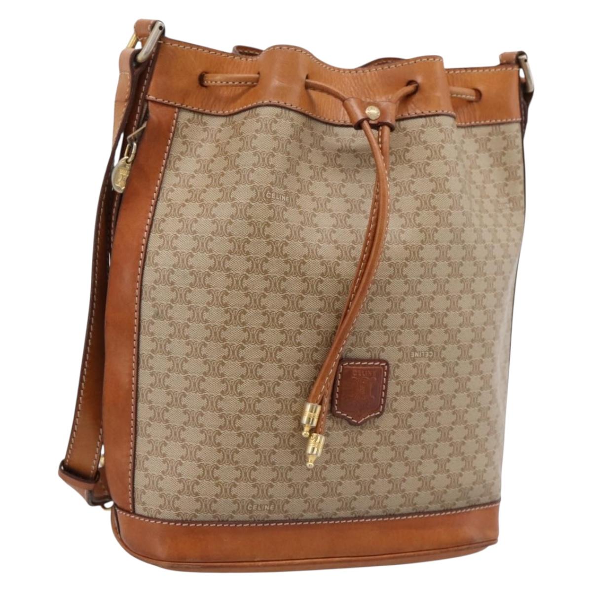 CELINE Macadam Shoulder Bag PVC Leather Beige Gold Tone Auth ep15690