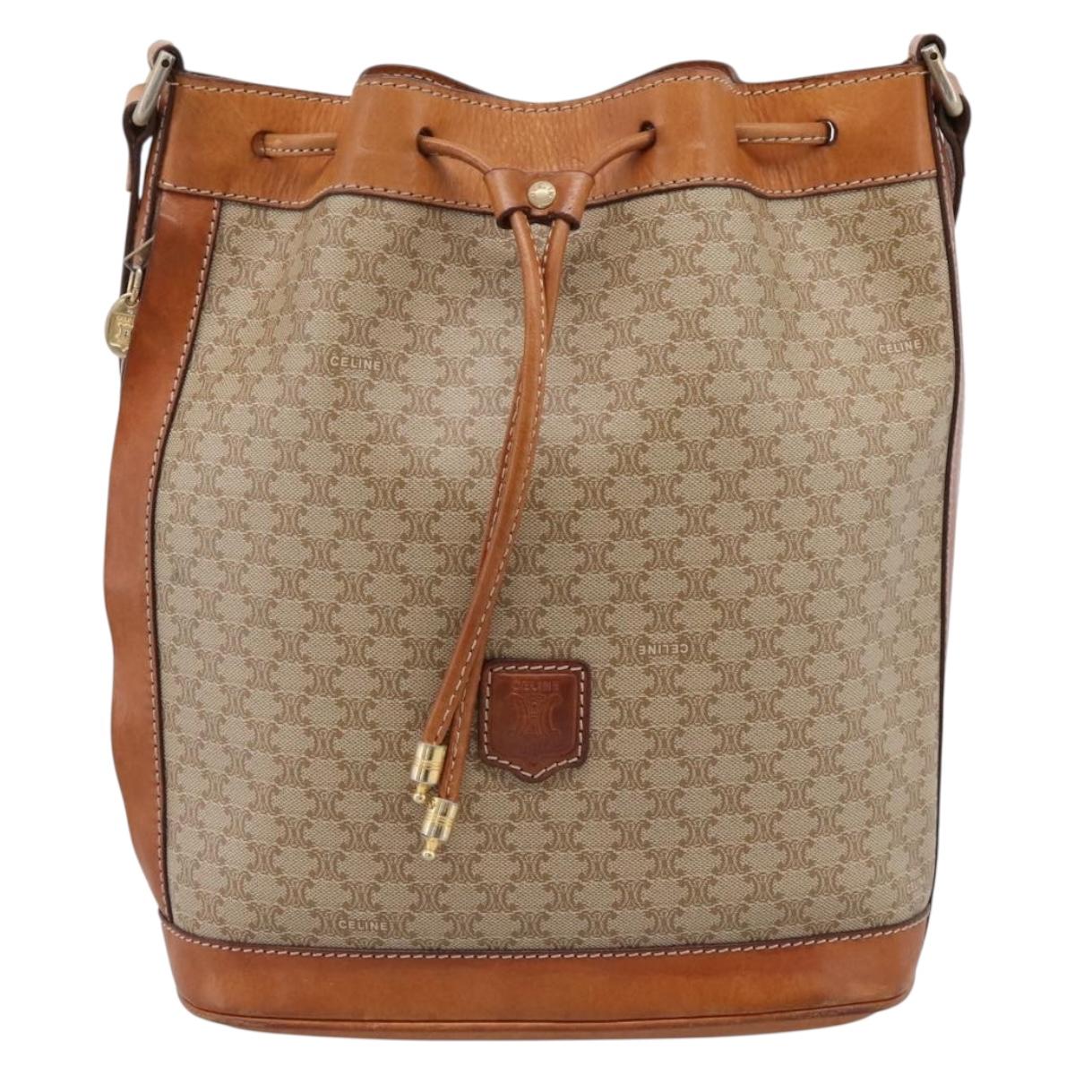 CELINE Macadam Shoulder Bag PVC Leather Beige Gold Tone Auth ep15690