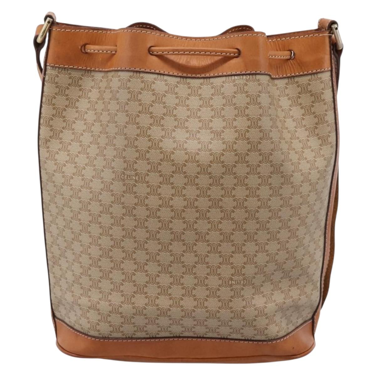 CELINE Macadam Shoulder Bag PVC Leather Beige Gold Tone Auth ep15690