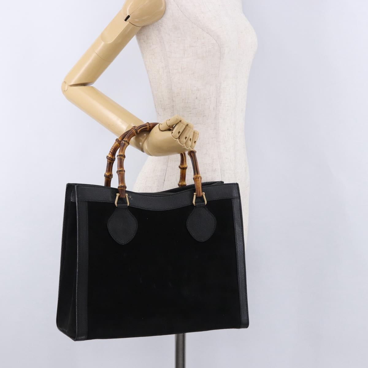 GUCCI Bamboo Hand Bag Suede Black Gold Tone 002 1186 0260 Auth ep15693
