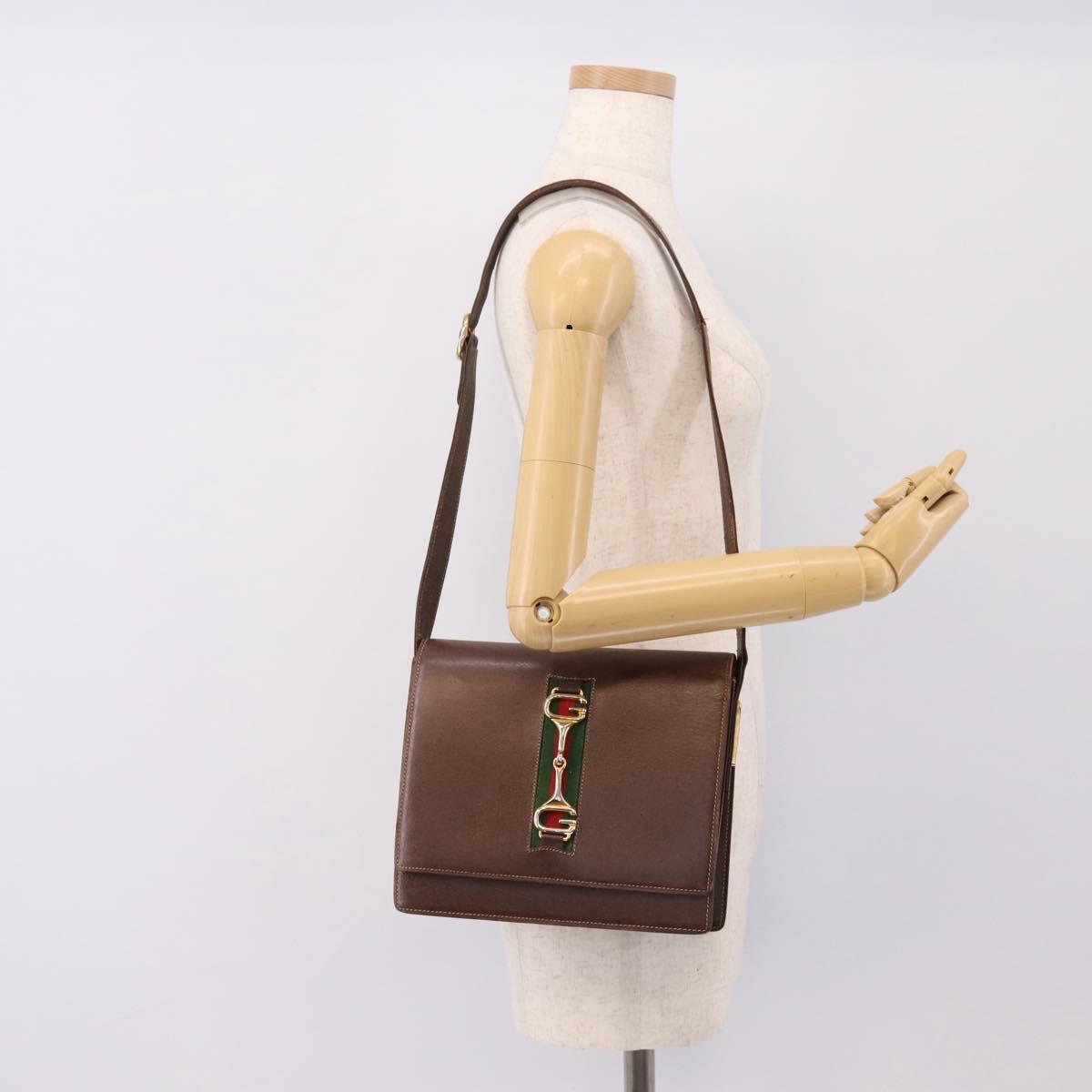 GUCCI Web Sherry Line Shoulder Bag Leather Brown Gold Tone Auth ep15712