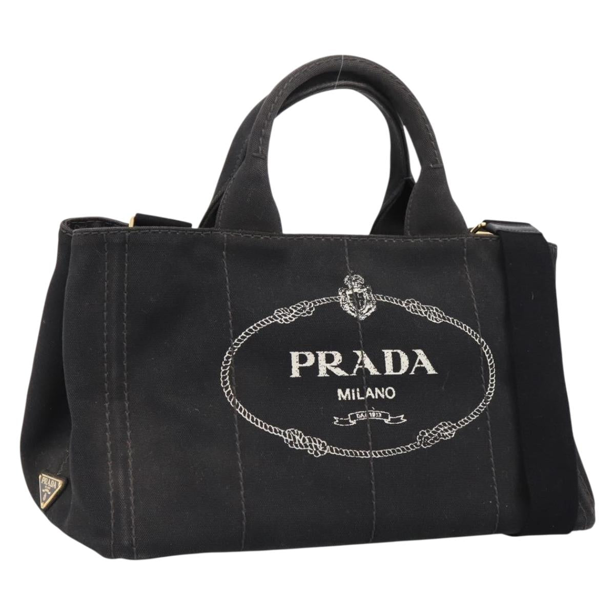 PRADA Canapa MM Hand Bag Canvas 2way Black Gold Tone Auth ep15718
