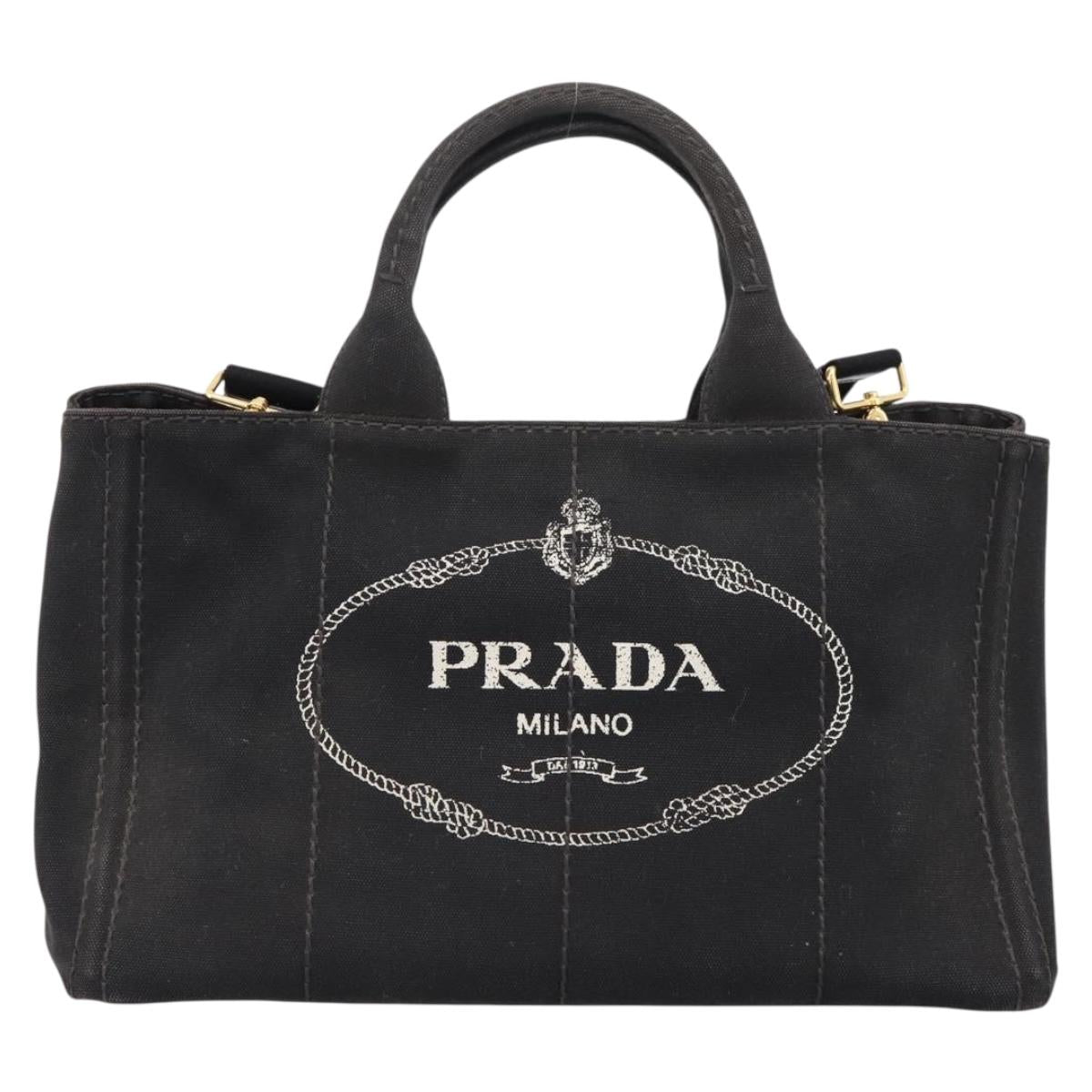 PRADA Canapa MM Hand Bag Canvas 2way Black Gold Tone Auth ep15718