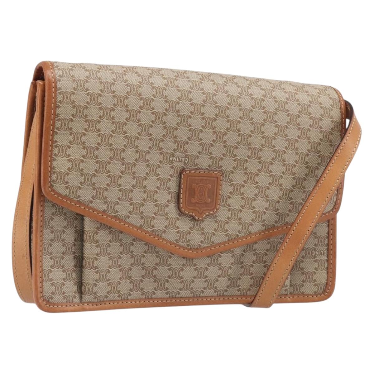CELINE Macadam Shoulder Bag PVC Leather Beige Gold Tone Auth ep15726
