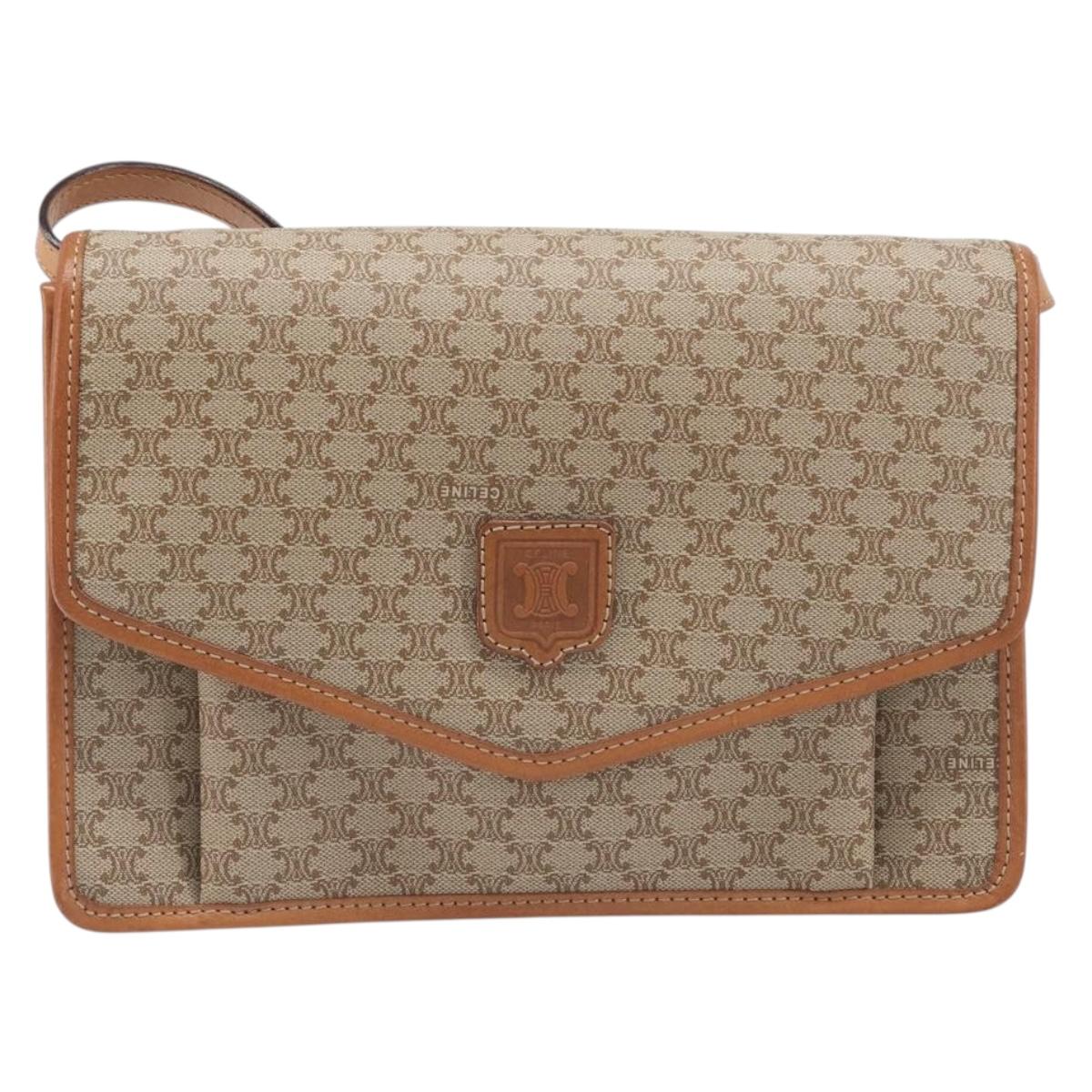 CELINE Macadam Shoulder Bag PVC Leather Beige Gold Tone Auth ep15726