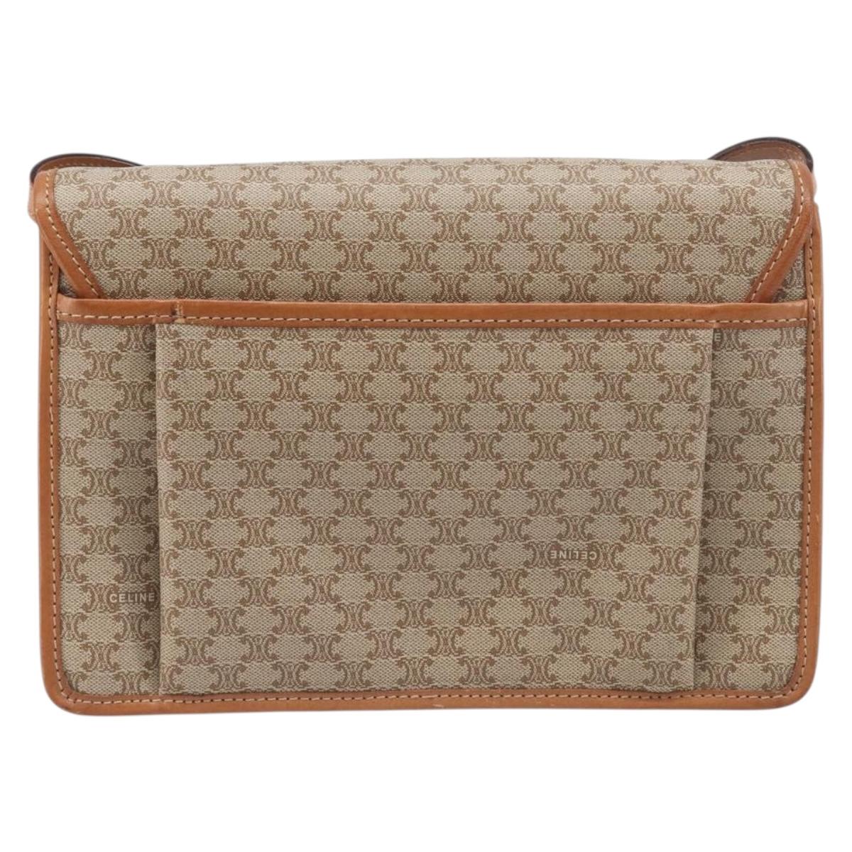 CELINE Macadam Shoulder Bag PVC Leather Beige Gold Tone Auth ep15726