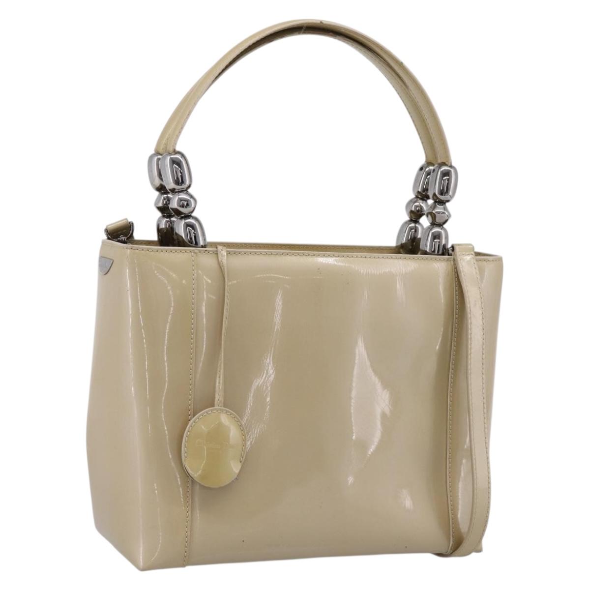 Christian Dior Maris Pearl Hand Bag Patent 2way Beige Silver Auth ep15732