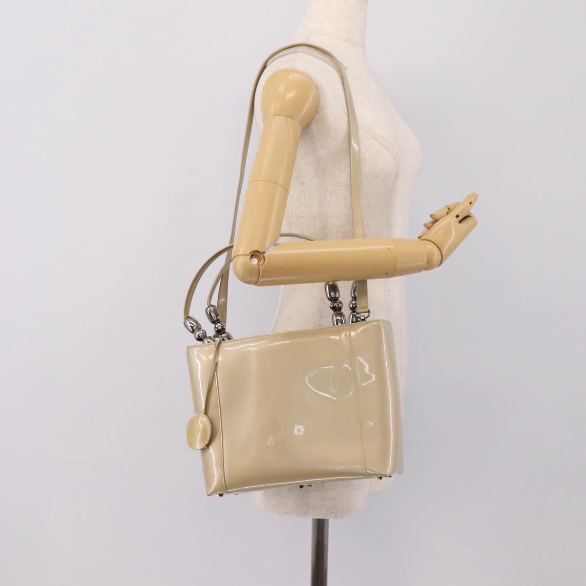 Christian Dior Maris Pearl Hand Bag Patent 2way Beige Silver Auth ep15732