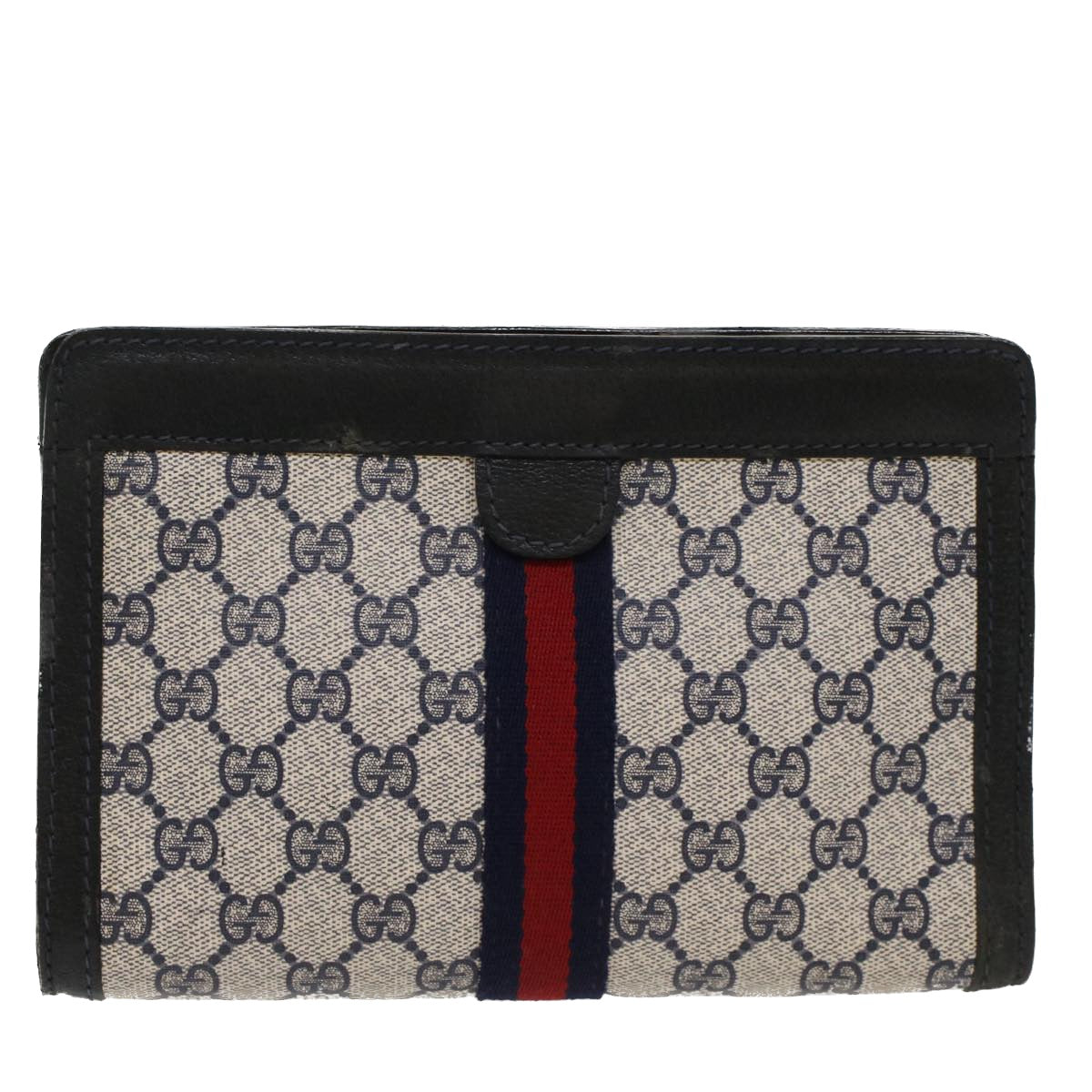 GUCCI GG Canvas Sherry Line Clutch Bag Gray Red Navy 04 014 2125 23 Auth ep1574