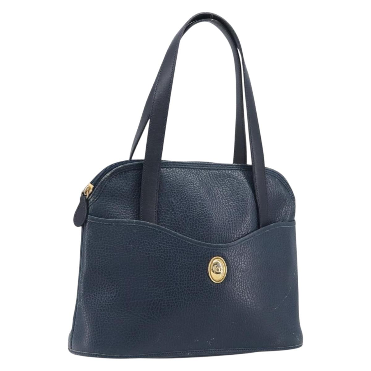 Christian Dior Hand Bag Leather Navy Gold Tone Auth ep15745