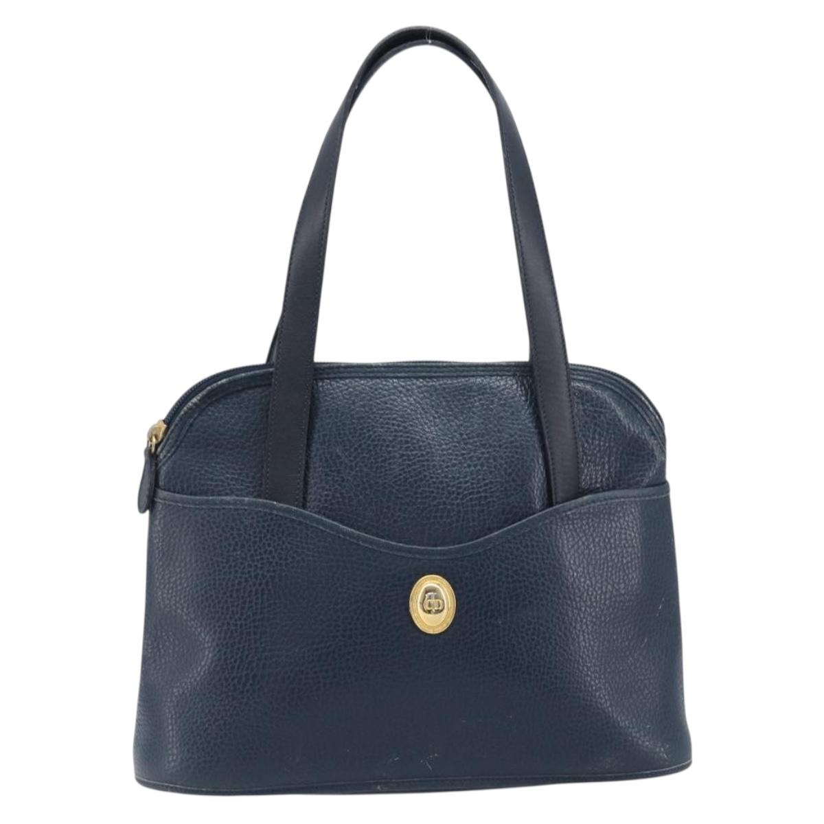 Christian Dior Hand Bag Leather Navy Gold Tone Auth ep15745