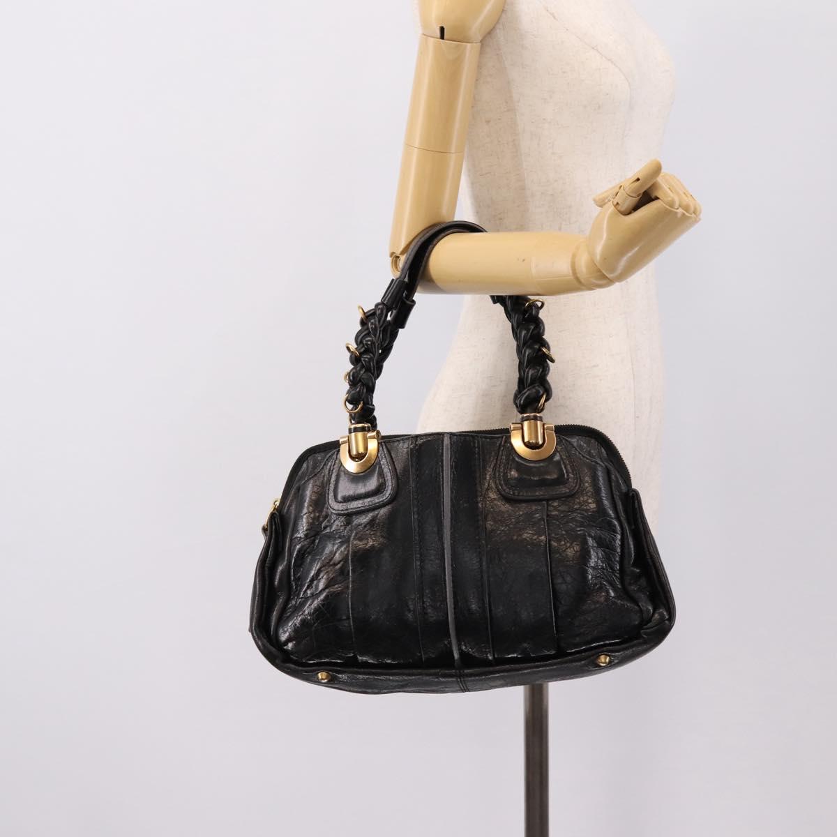 Chloe Hand Bag Leather Black Gold Tone Auth ep15756A