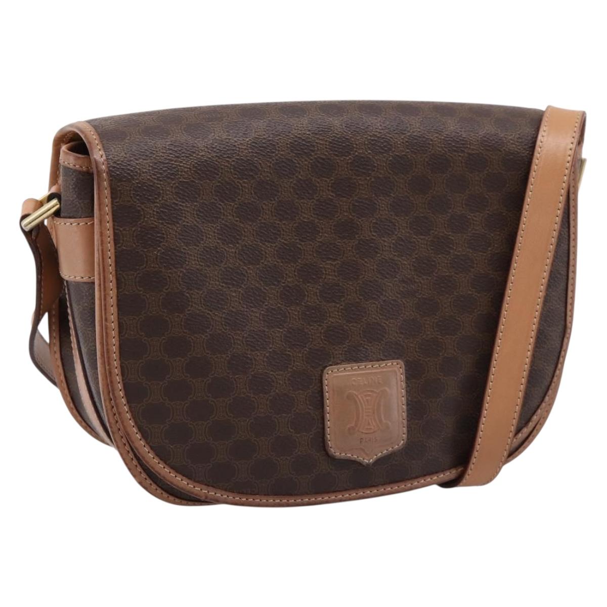 CELINE Macadam Shoulder Bag PVC Leather Brown Gold Tone Auth ep15762