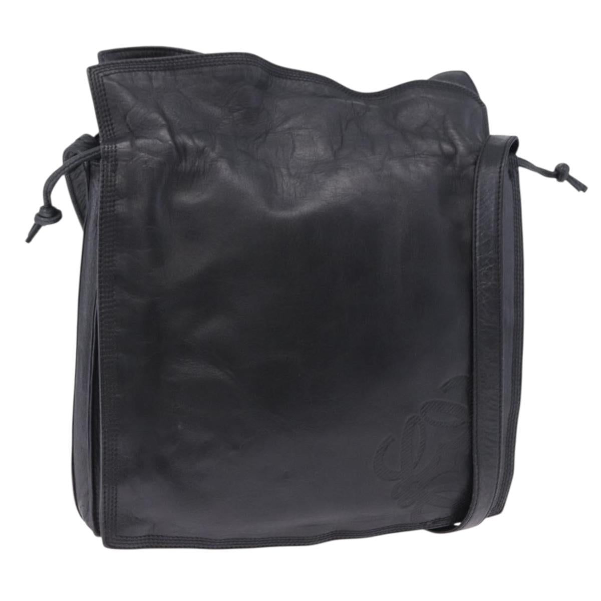 LOEWE Anagram Shoulder Bag Leather Black Gold Tone Auth ep15773