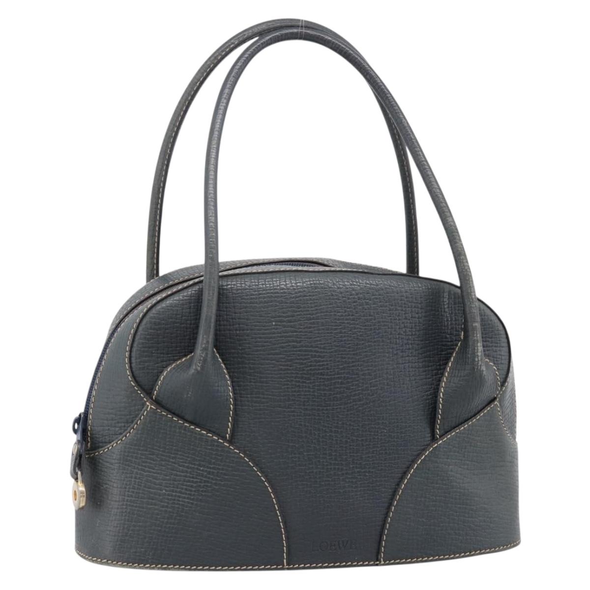 LOEWE Hand Bag Leather Navy Gold Tone Auth ep15784