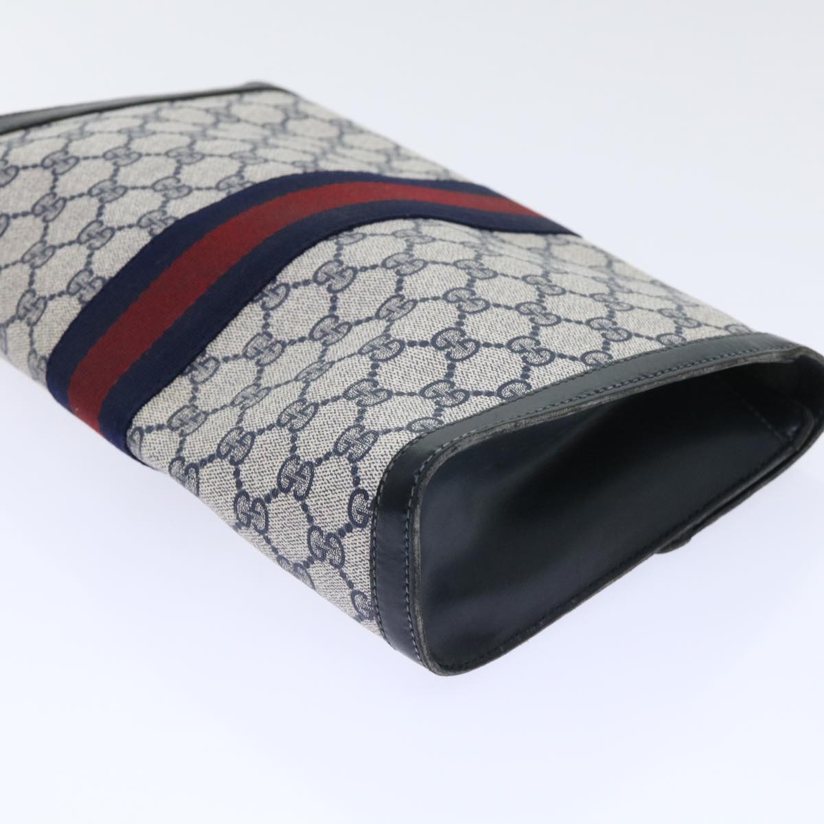 GUCCI GG Canvas Sherry Line Clutch Bag Gray Red Navy 07 014 3087 Auth ep1579