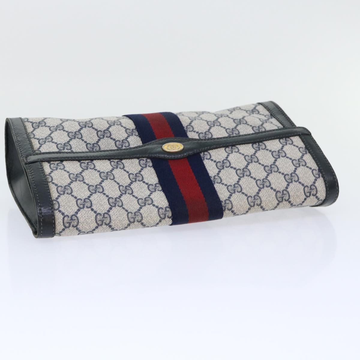 GUCCI GG Canvas Sherry Line Clutch Bag Gray Red Navy 07 014 3087 Auth ep1579