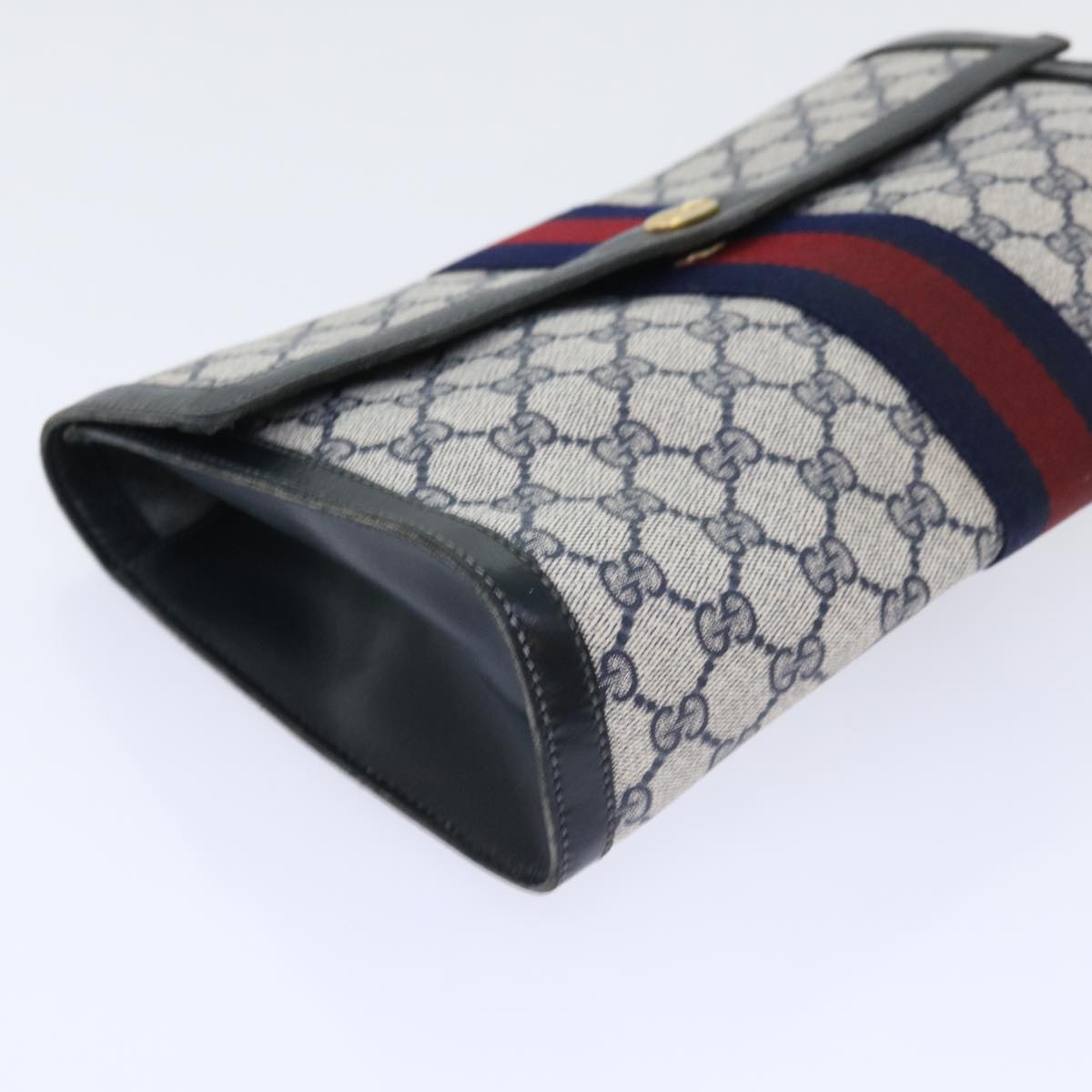 GUCCI GG Canvas Sherry Line Clutch Bag Gray Red Navy 07 014 3087 Auth ep1579