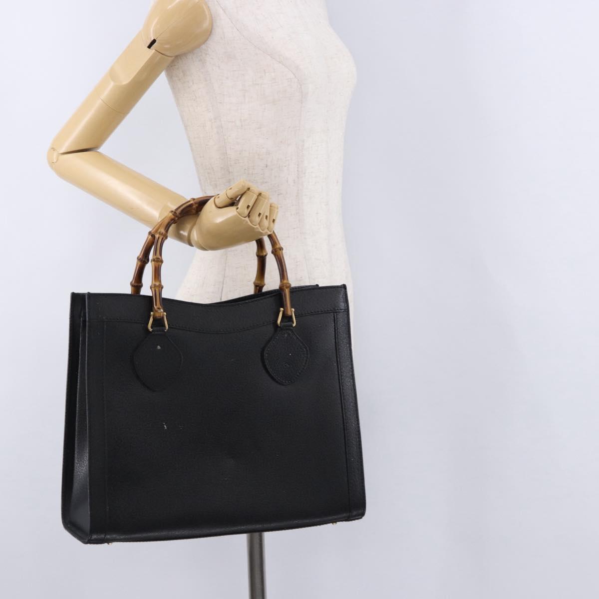 GUCCI Bamboo Hand Bag Leather Black Gold Tone 02 123 0260 Auth ep15795
