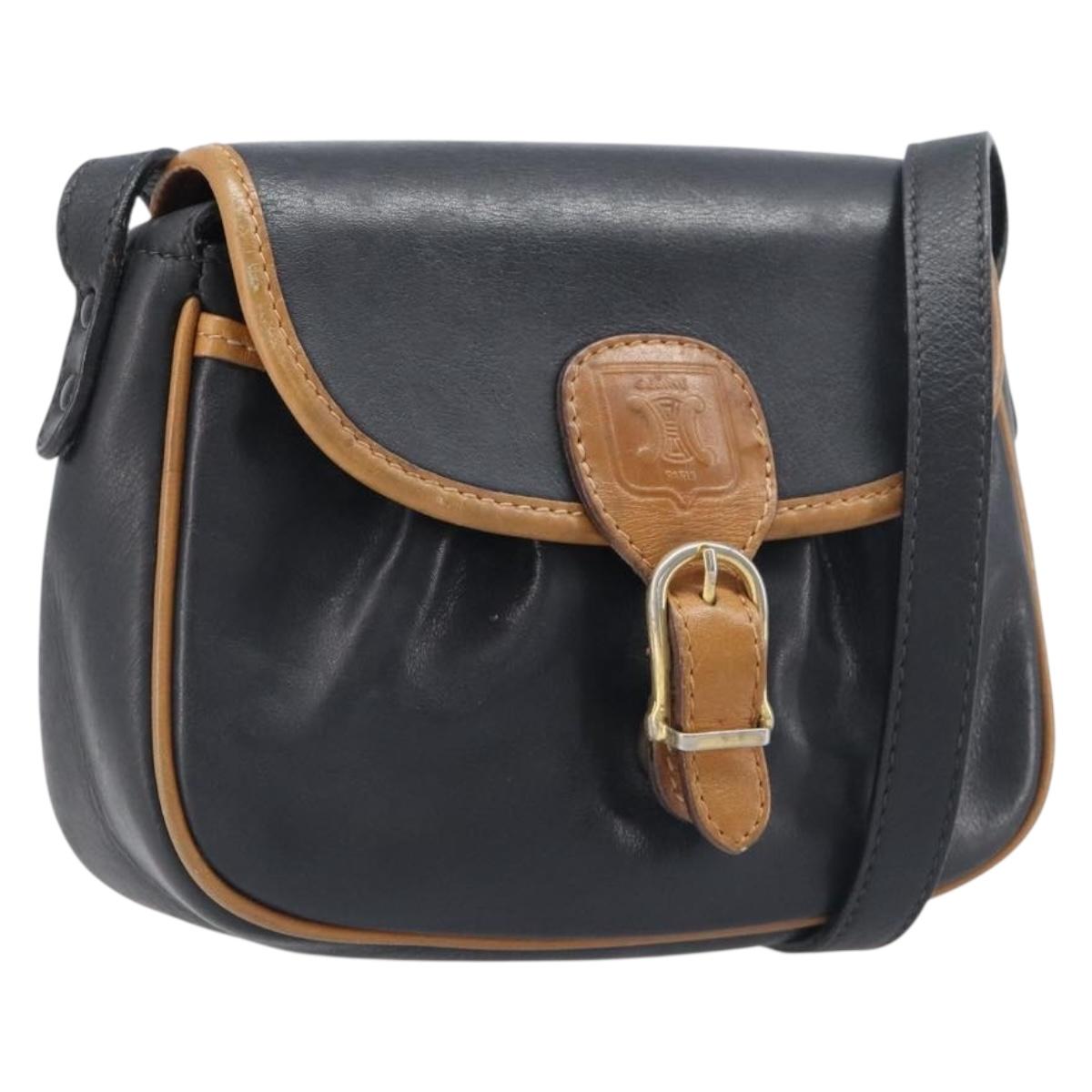 CELINE Shoulder Bag Leather Black Gold Tone Auth ep15799