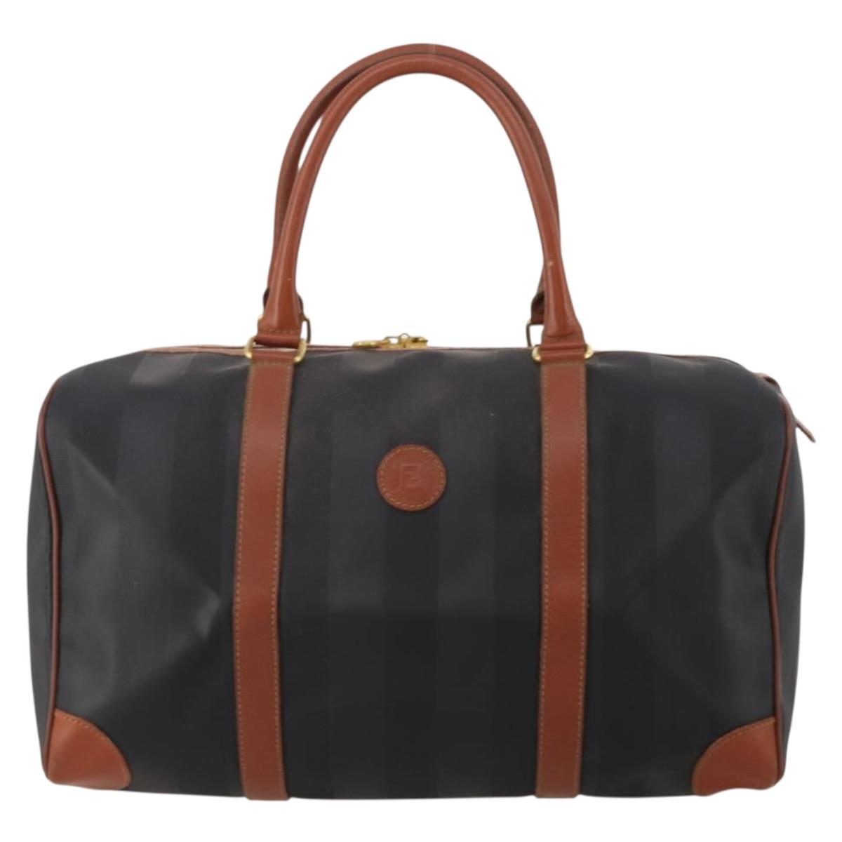 FENDI Pecan Boston Bag PVC Leather Black Brown Auth ep15801
