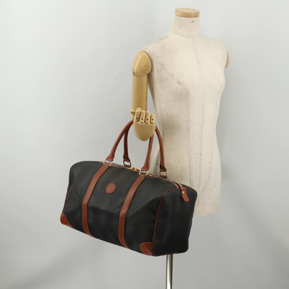 FENDI Pecan Boston Bag PVC Leather Black Brown Auth ep15801
