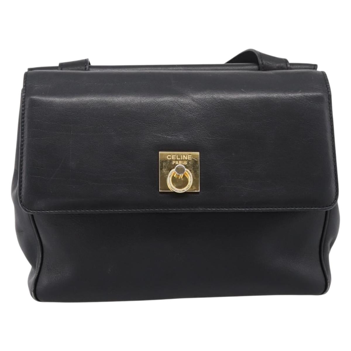 CELINE Shoulder Bag Leather Black Gold Tone Auth ep15804