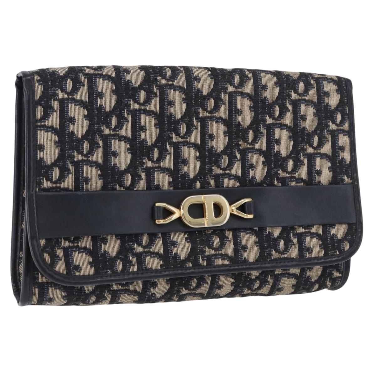 Christian Dior Trotter Canvas Clutch Bag Navy Gold Tone Auth ep15807