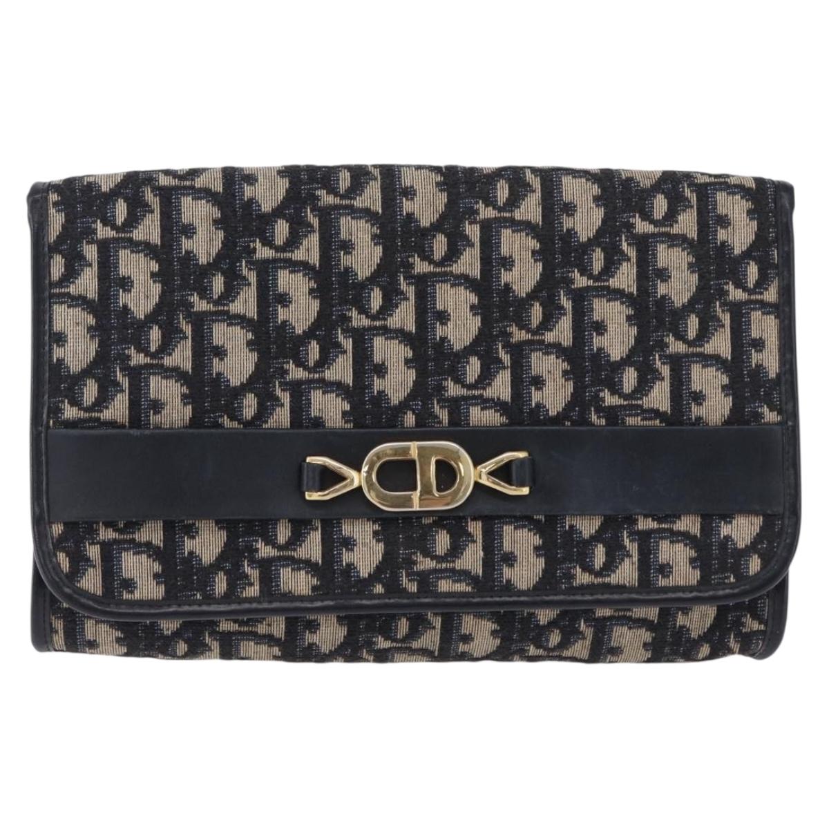 Christian Dior Trotter Canvas Clutch Bag Navy Gold Tone Auth ep15807