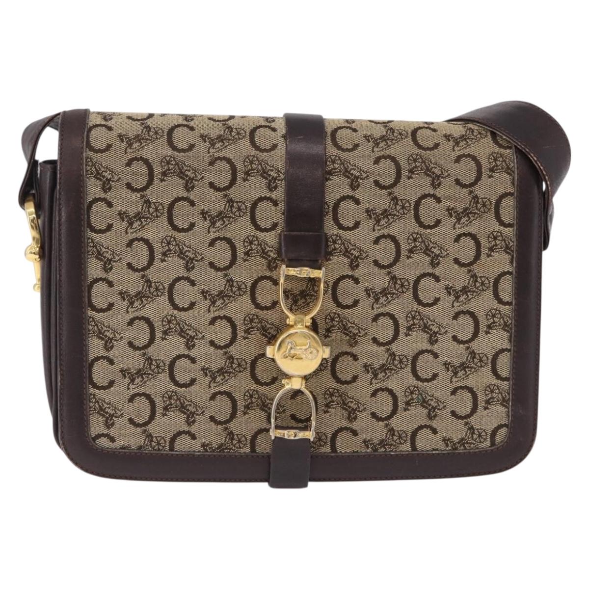 CELINE C Saluki Shoulder Bag Canvas Beige Gold Tone Auth ep15812